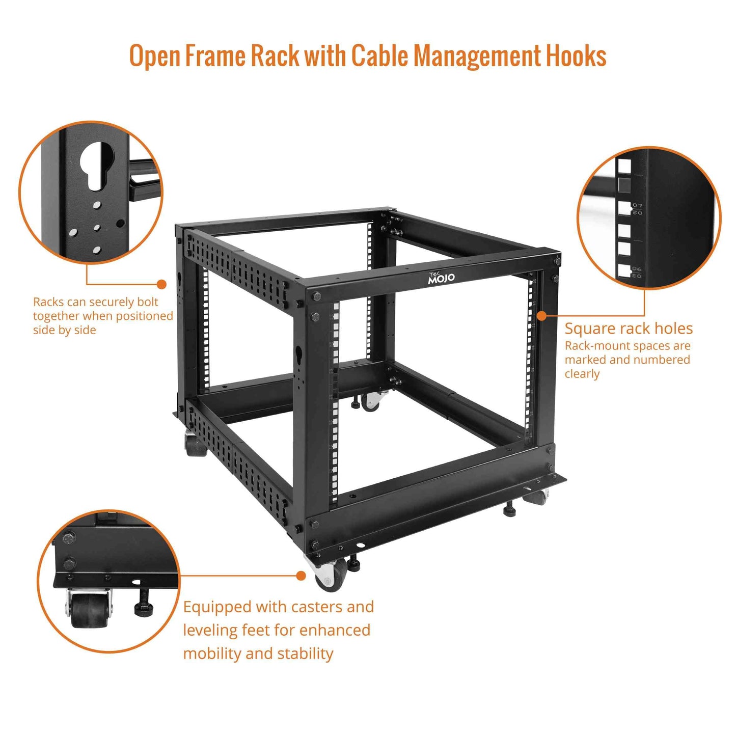 Tecmojo 8U Open Frame Server Rack,4-Post Adjustable Depth Rolling Network Rack for Computer/Data/AV/IT/Servers,Mobile Type