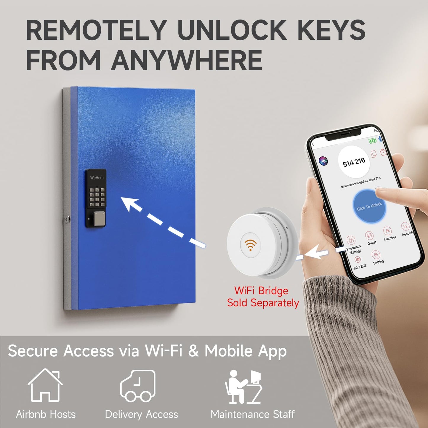 WeHere 72-Key Smart Key Lock Box, Wall-Mount Key Cabinet with Key Management App(Track Key Borrow/Return), Keypad, Bluetooth & WiFi Unlock (Sold Separately) for Commercial, School, Rental, Office
