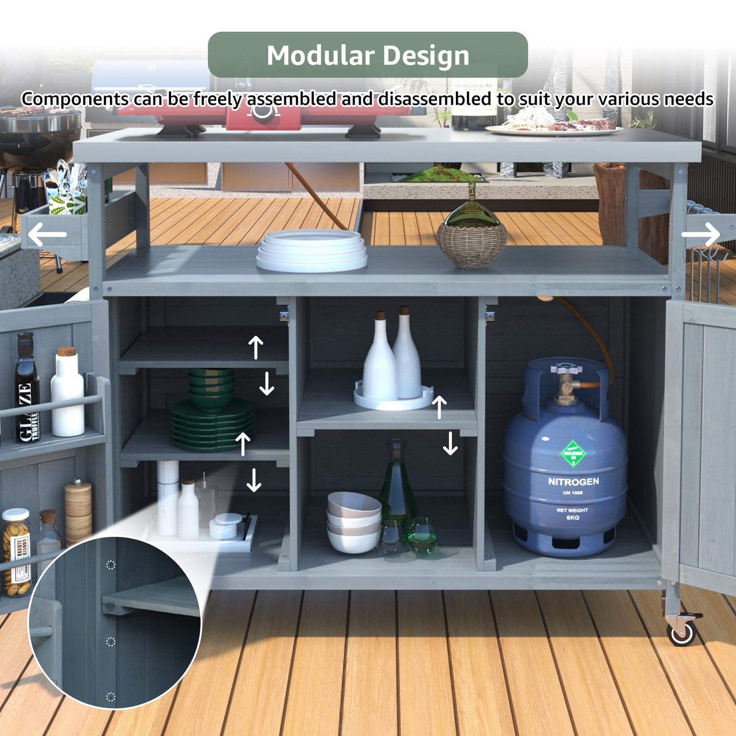 50.25" Outdoor Kitchen Island with Wheels for Food Prep, Strage, Bar, Rolling Outdoor Grill Table for Outside, Outside Cooking Table, Grill Carts, Cooking Station, Modular, Solid Wood, Grey Blue