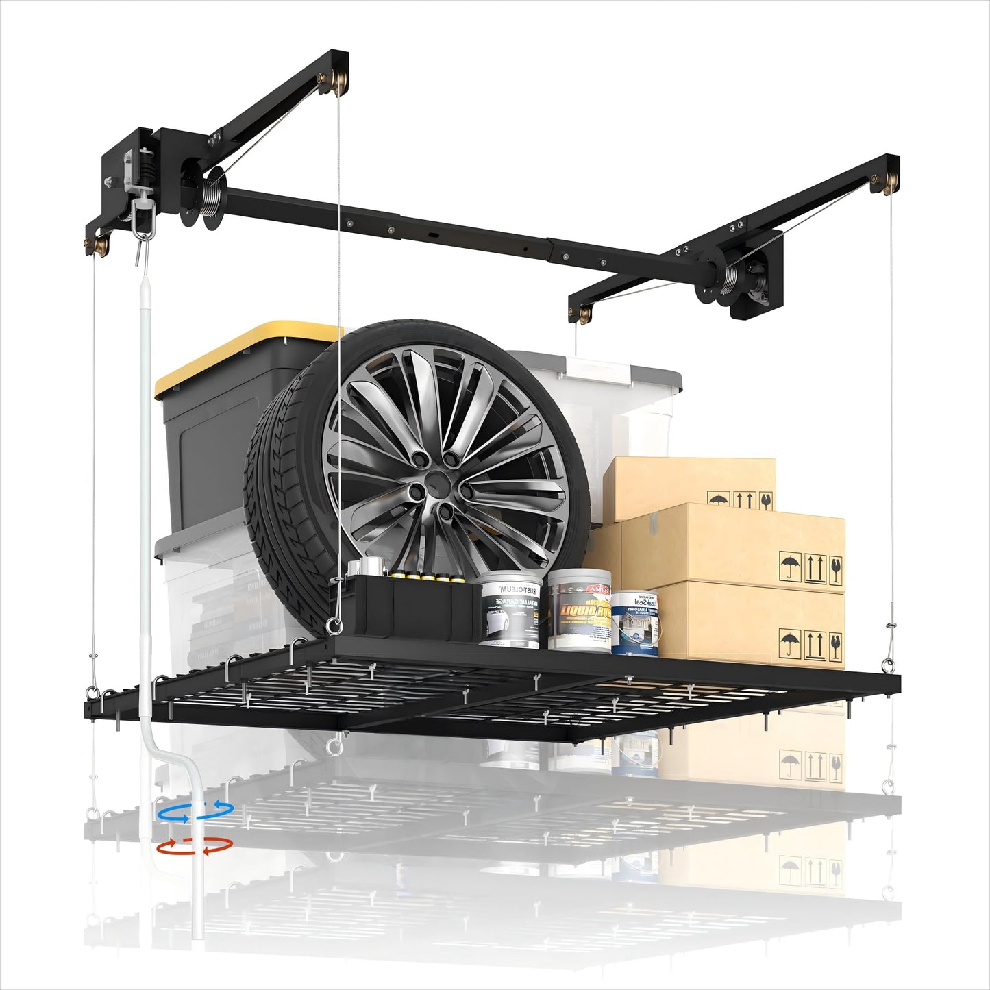 ExploreHorizon 4x4 FT Overhead Garage Lifting Storage Rack, 350 lbs Capacity & 79" Lifting, Metal Garage Ceiling Rack, Adjustable Storage System with Safety Lock