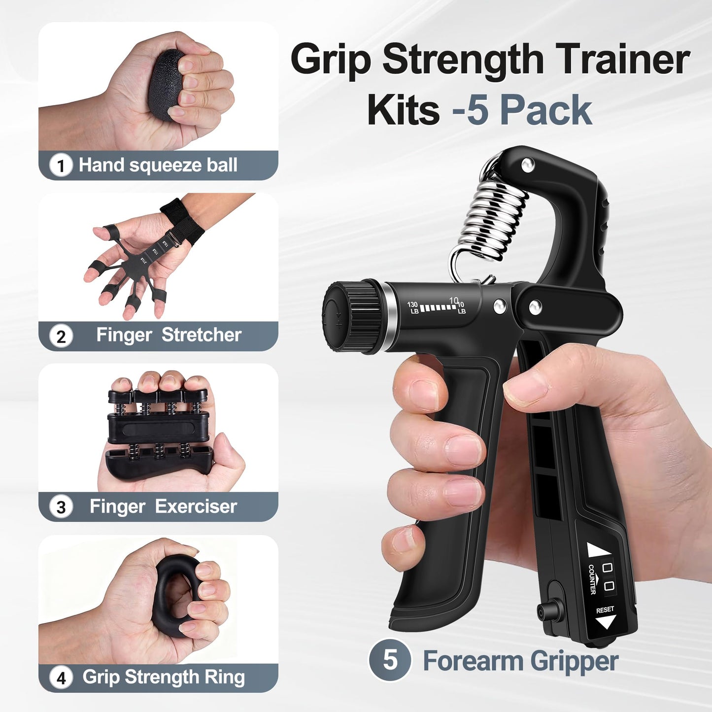 WATMAID Grip Strength Trainer Kits (5 Pack), Forearm Strengthener with Adjustable Resistance, Grip Strength Tester, Finger Strengthener, Hand Gripper Strengthener for Muscle Building Injury Recover