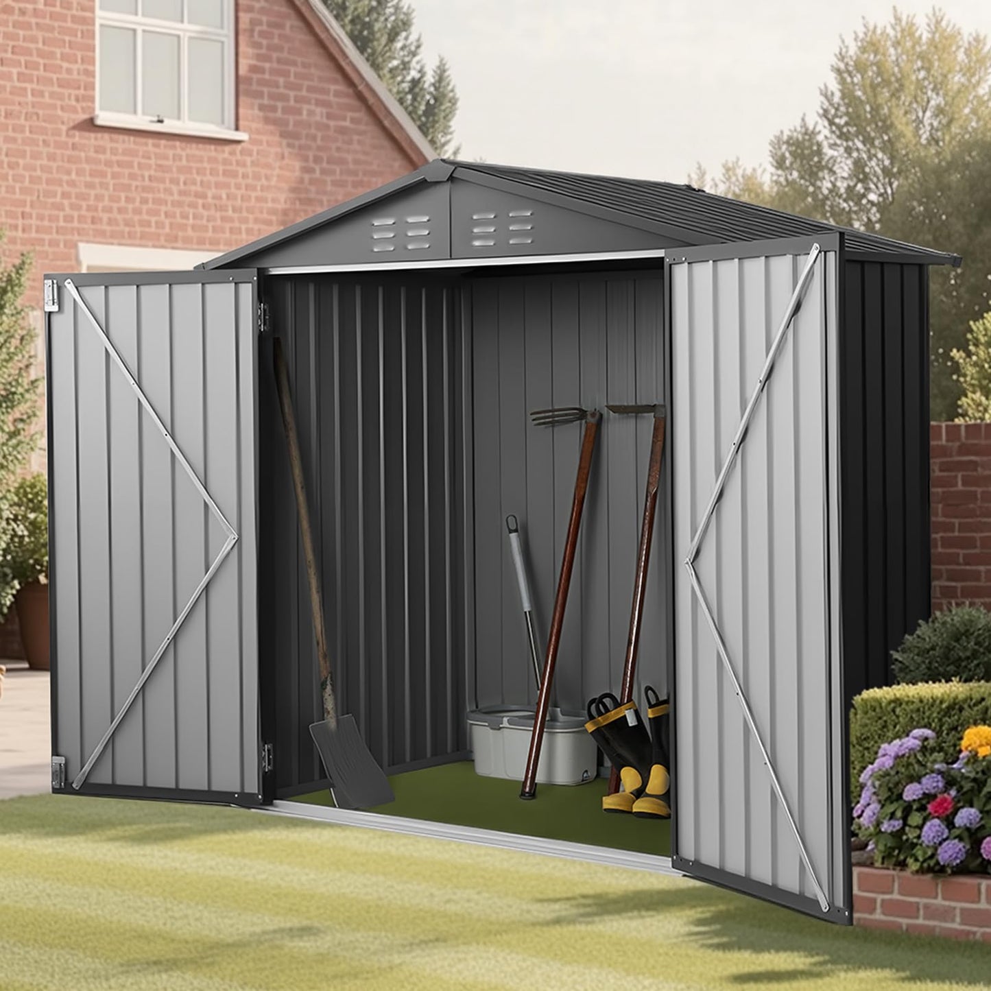 VEVOR 6 x 4 FT Metal Garden Shed, Outdoor Storage Shed with Lockable Doors & 4 Louver Vents, Peak Roof Metal Sheds Outdoors Storage, Storaged Sheds Clearance for Backyard, Garden, Patio, Bike, Gray