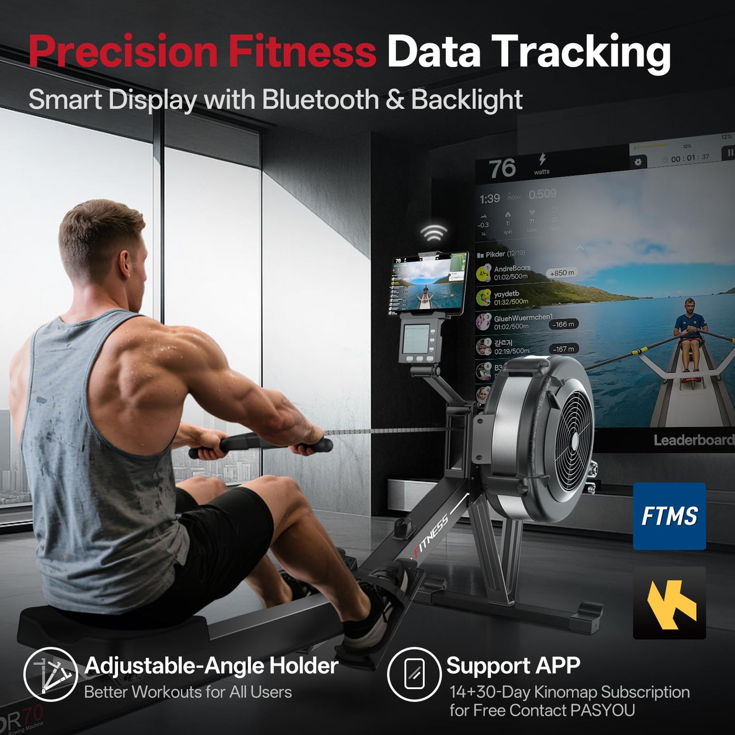 PASYOU Air Rowing Machine for Home,10-Level Resistance 350lbs Rower Machine, Foldable Row Machines Commercial with 54in Rail and Bluetooth Monitor, Adjustable Tablet Holder