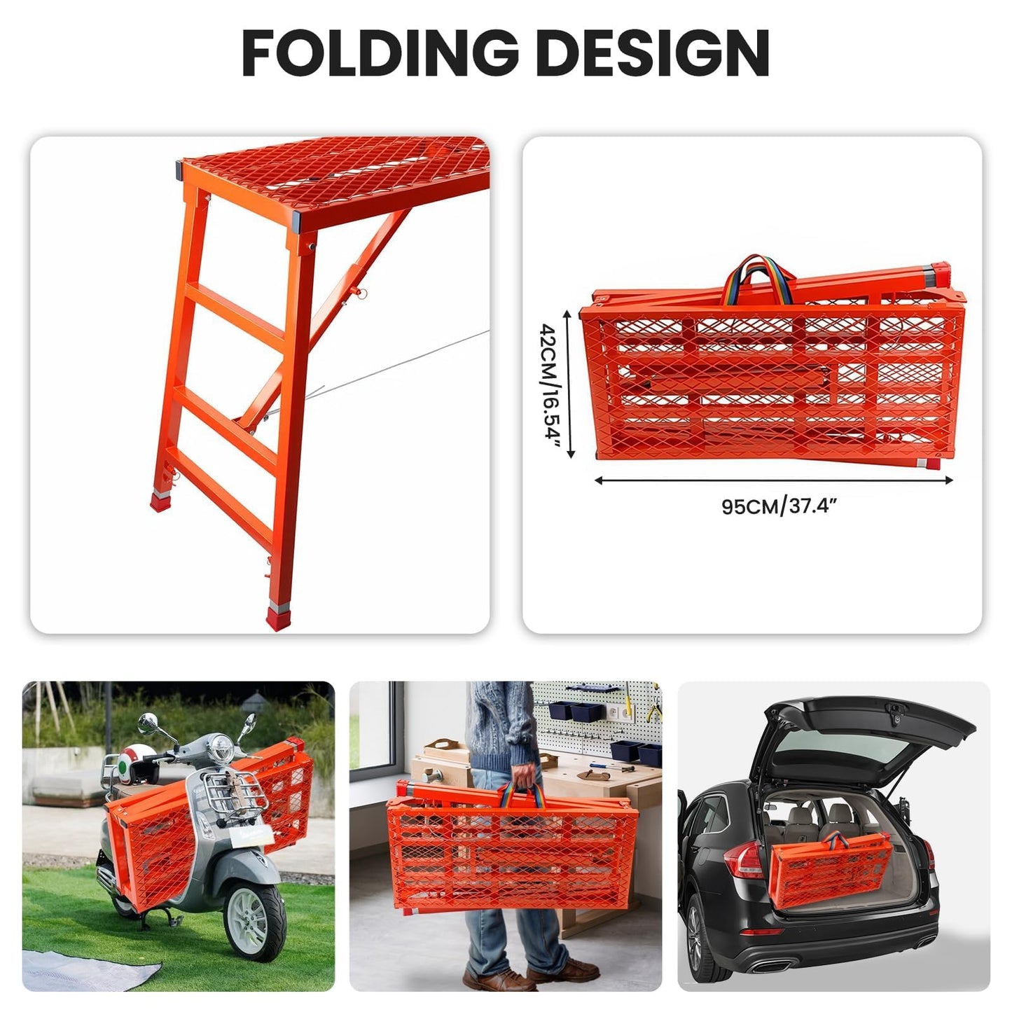 Foldable Scaffolding Platform, 70.8x15.2x36.2-62 Inch Welded Steel Work Platform, 770 Lbs Capacity, Adjustable Height Industrial Step Ladders, Ideal for Painting, Wiring and Home Decor, Red