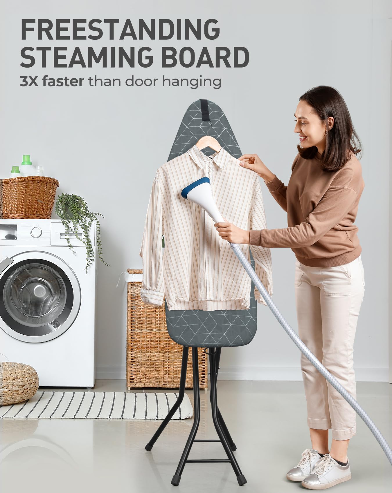 LyriFine Ironing Board, 2-in-1 Ironing and Steaming Board, Sturdy Steel Frame Iron Board with Non-Slip Feet, Heat Resistant Cover Iron Board, Foldable Compact Ironing Board with Hook, 14″ x 43″ Gray