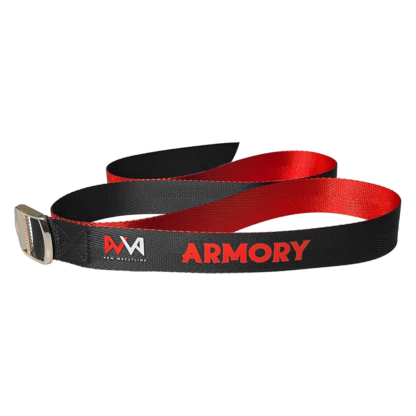 Arm Wrestling Strap Armory | Dual Color for Fair Setup | 45 Inch Long Metal Buckle | Smooth Rock Climbing Premium Grade Nylon | Pronation Supination Hand Forearm Grip Strengthener Belt | Black and Red (1 inch + 1.5 inch)