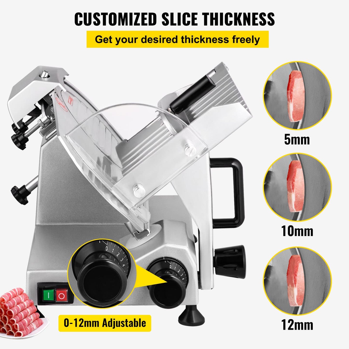 VEVOR Commercial Meat Slicer, 200W Electric Deli Food Slicer, 0-12mm Adjustable Thickness Electric Meat Slicer, 350-400RPM Slicer with 8.7'' Chromium-plated Steel Blade for Home & Commercial Use
