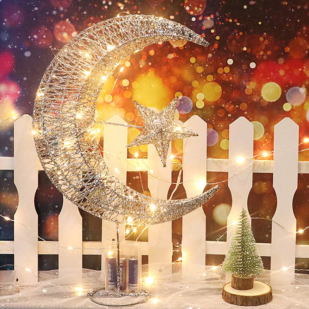 Uonlytech Wrought Iron Christmas Tree Topper - Glittering Star & Moon Design | Silver 20cm