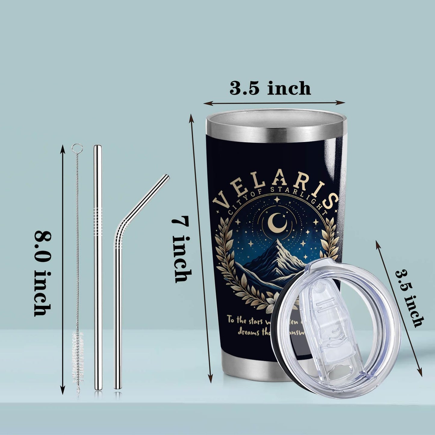 CWEGSJ Velaris City of Starlight 20oz Stainless Steel Tumbler with Lid and Straw Acotar Gift Bookish Tumbler Acotar Coffee Mug (Black-VELARIS City)