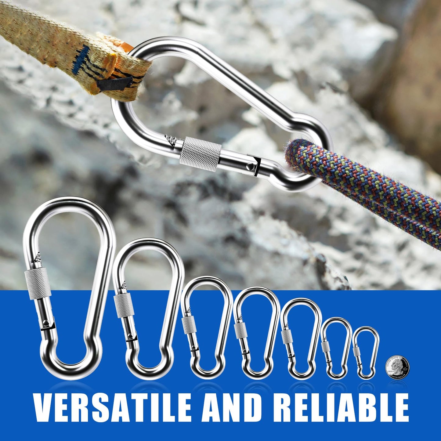 KINLINK 2 Pack Screw Locking Carabiner - 5.50 inch Heavy Duty Carabiner Clips, 304 Stainless Steel Large Caribiner for Camping, Swing, Hammock, Hiking,Weight Lifting Machine, Home Gym Equipment