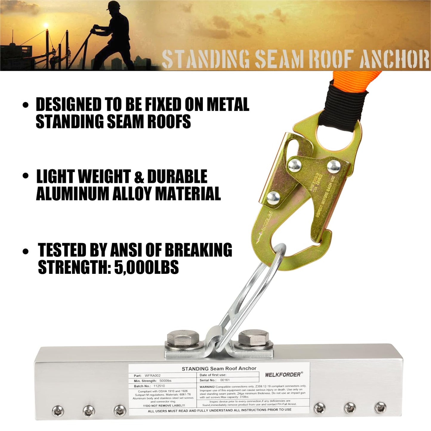 WELKFORDER Standing Seam Roof Anchor Clamp with D-ring mount Aluminum Alloy Fall Protection Roofing Kit ANSI Compliant