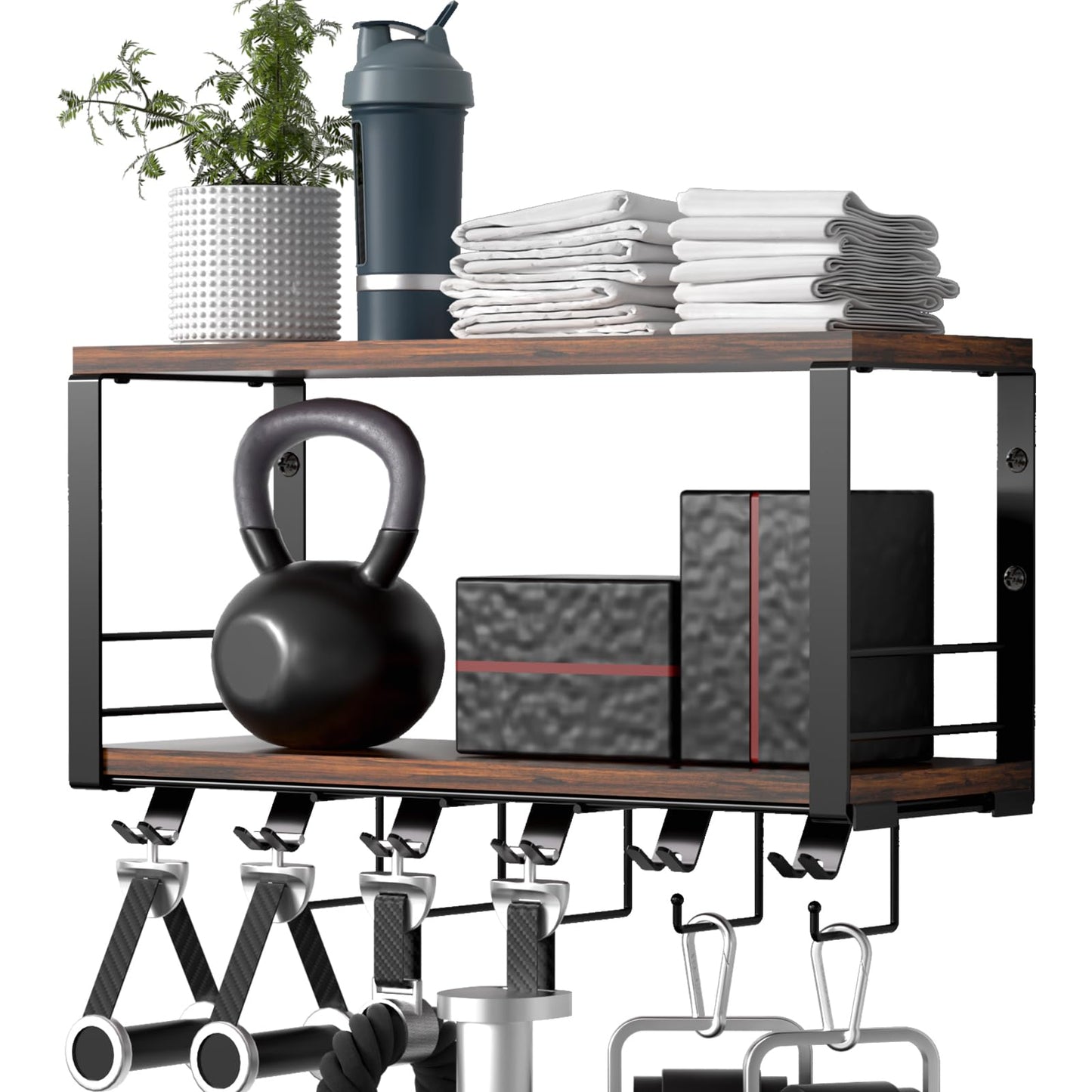 TJ.MOREE 2 Tier Floating Shelf Compatible with Tonal Accessories, T-Bracket Lock Adapters Hanger, Wall Mount Home Gym Storage Rack for Fitness Equipment
