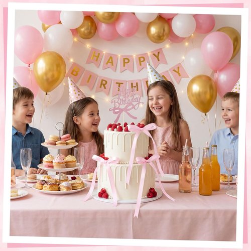 Coquette Bow Cake Toppers - 18 PCS Pink Ribbon Bows with 1 Happy Birthday Topper | Perfect for Weddings, Showers & Birthdays