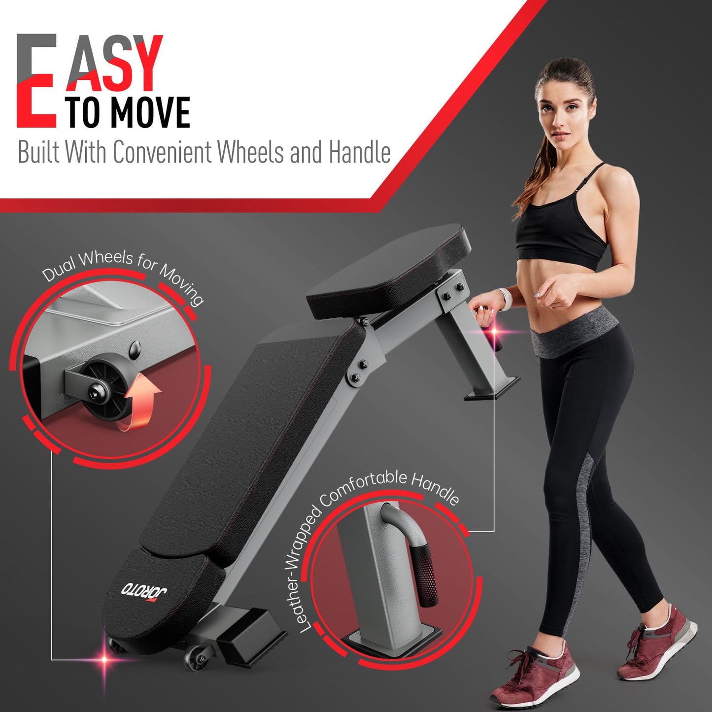 JOROTO Adjustable Weight Bench, 1300LBS Foldable Bench Press Bench of Home Gym Strength Training, Incline Decline Flat Utility Workout Bench with Wheels, Extended Backrest | Multiple Positions