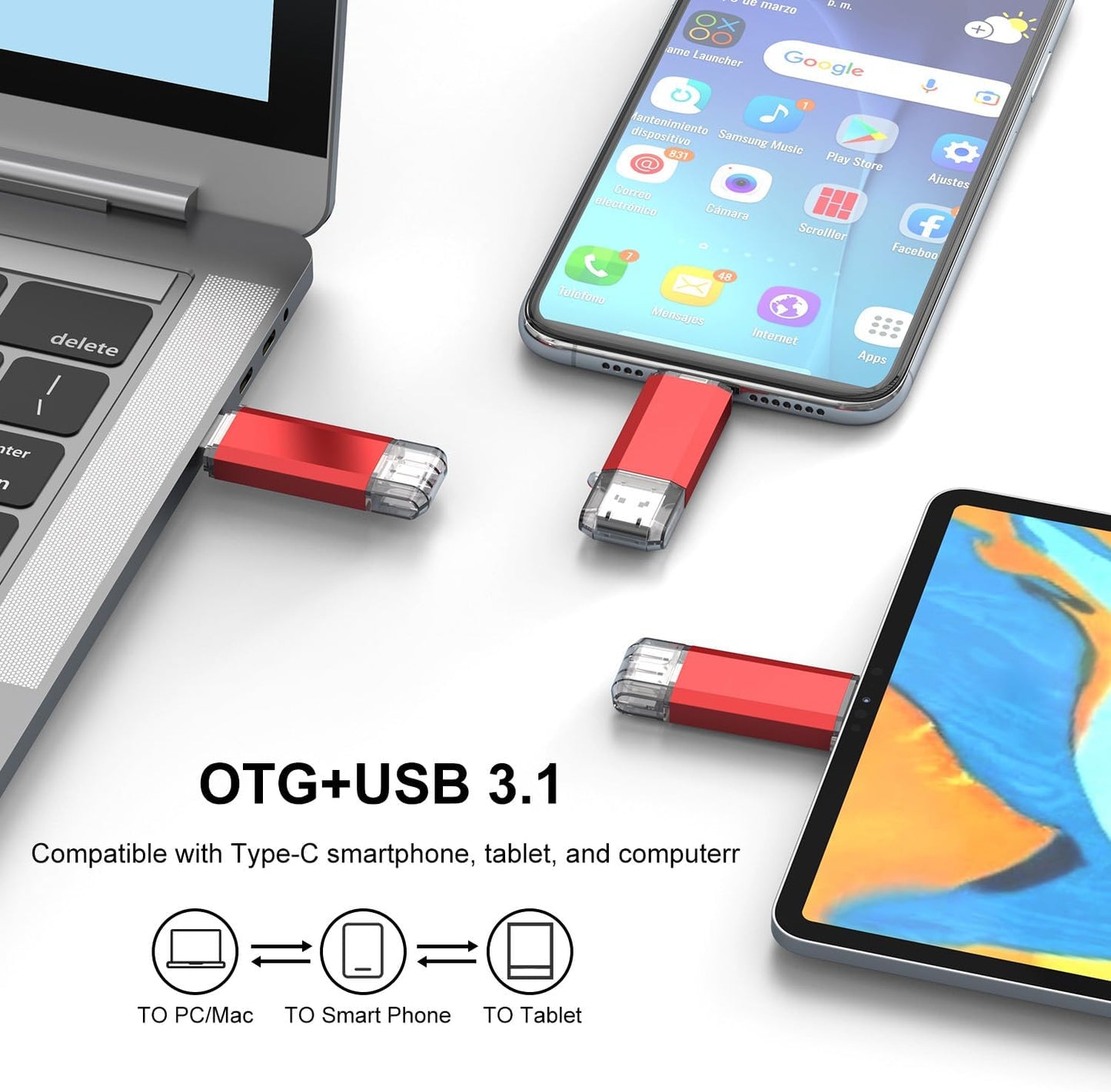 RAOYI 128GB 130MB/s, 2 1 3.1 USB C Flash Drive Upgraded in USB Type C Dual OTG Metal Thumb Drive Memory Stick