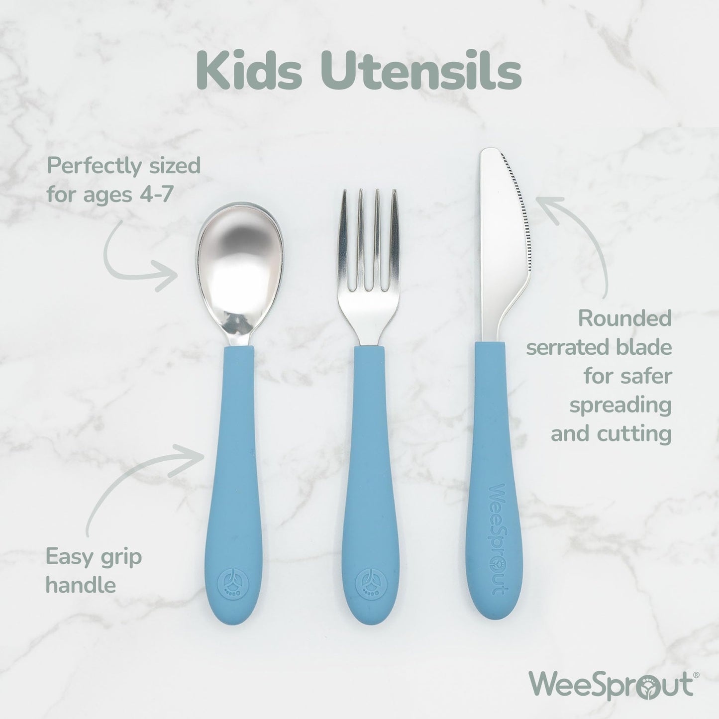 WeeSprout Toddler Utensils, 3 Forks & 3 Spoons, 18/8 Stainless Steel & Food Grade Silicone, Thick Easy-Grip Handles, Perfect Length For New Self Feeders, Gentle On Gums & Teeth, Dishwasher Safe