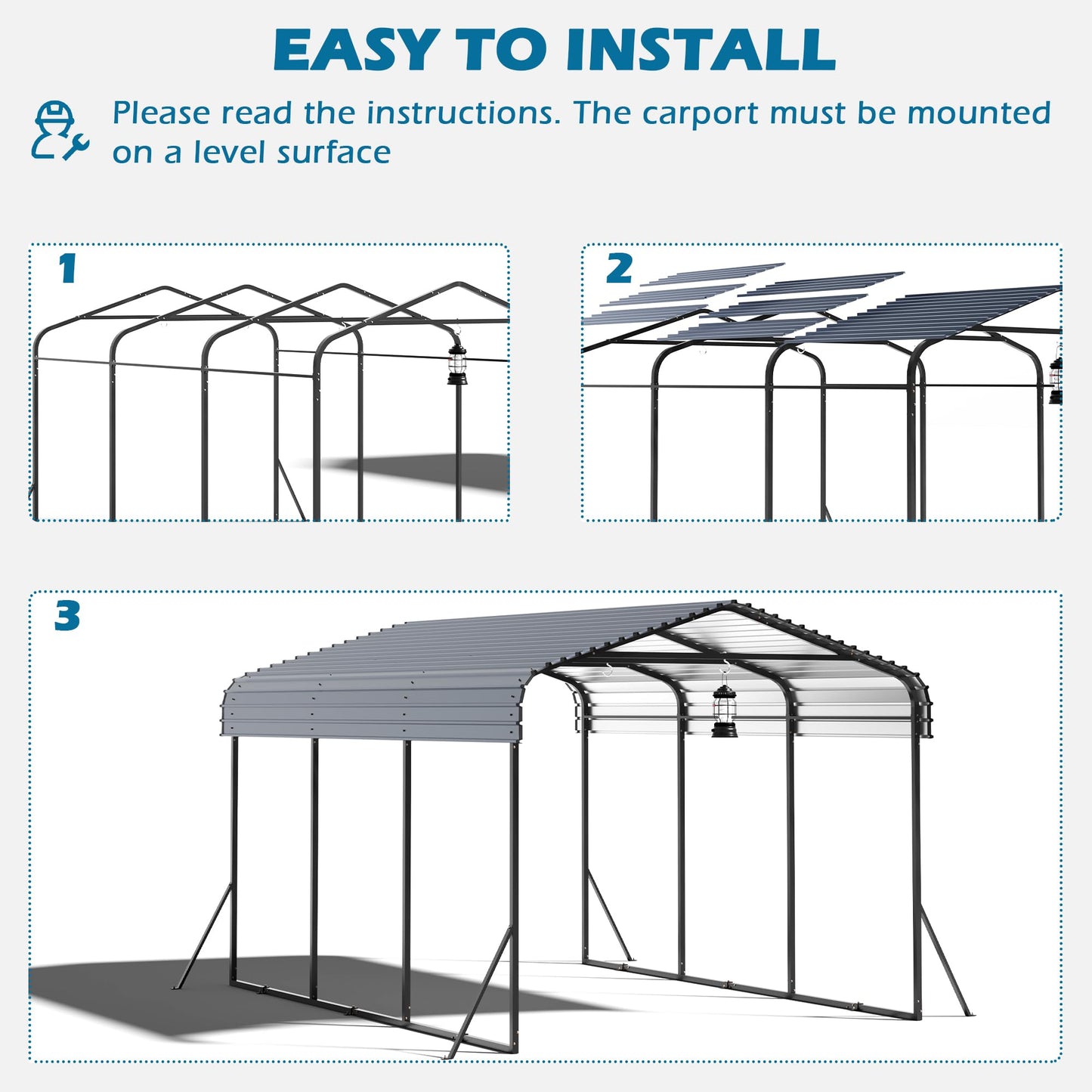 10x15 Carport Heavy Duty, Metal Carport with Galvanized Steel Roof, Metal Car Garage Multi-Use Shelter Outdoor Portable for Car, Boat, Pickup and Tractor