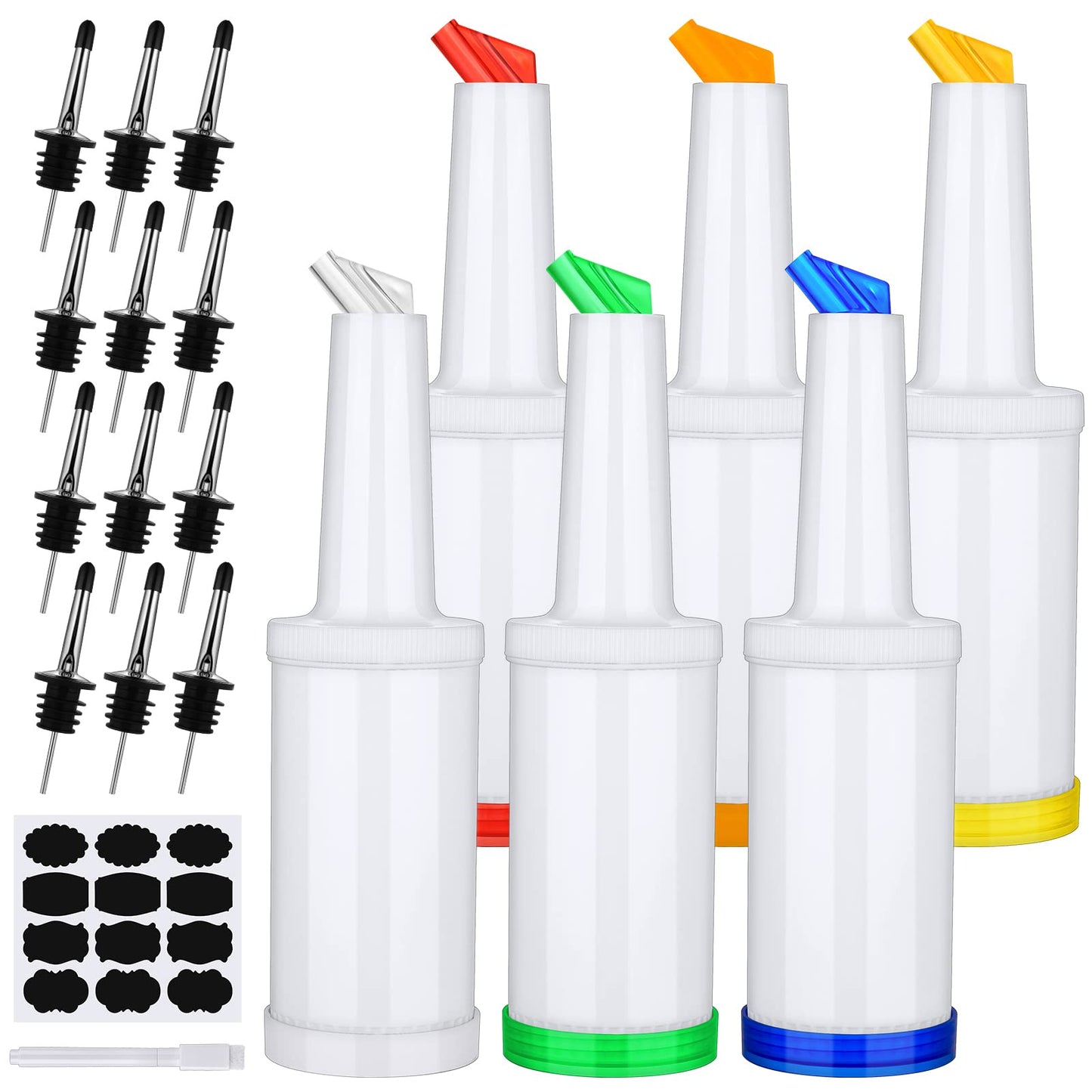 Ruisita 6 Pack Plastic Pour Bottles with Stainless Steel Pourer - Tapered Spout for Liquor and Juice Store (34 Ounces, Multicolor)