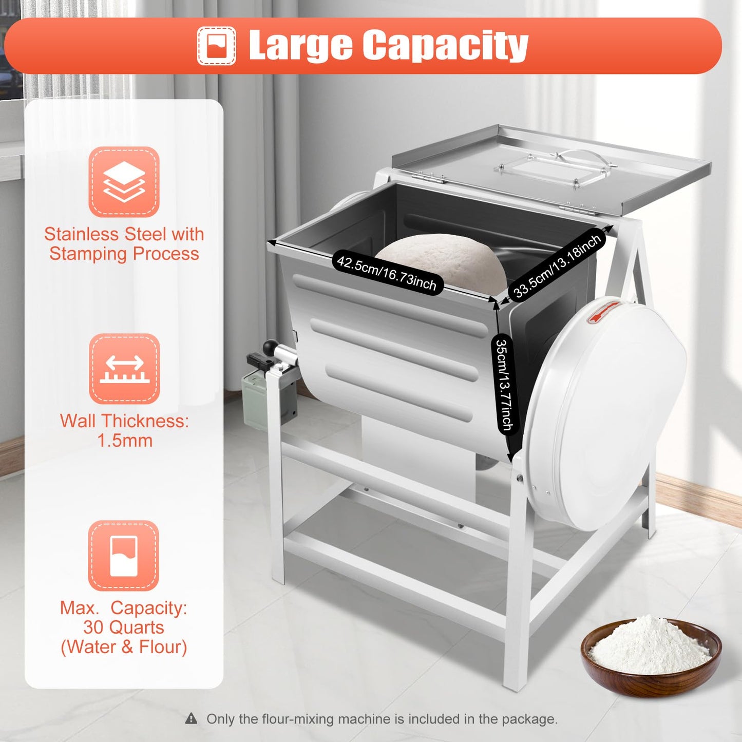 RocoReny 30QT Commercial Electric Dough Mixer Mixing Machine, 1500W 110V Stainless Steel Heavy Duty Pizza Dough Kneading Machine with 90° Tilt Bowl for School Bakery Restaurant