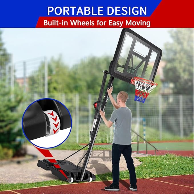 Portable Basketball Hoop Outdoor, Adjustable Height 5.5-10FT Basketball Goal with Heavy-Duty Steel Frame & Wheels