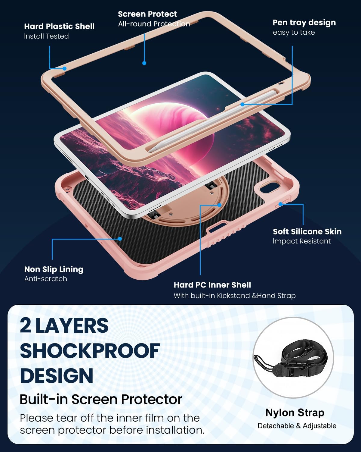 ZtotopCases (A16) 11th/10th 11''/10.9'' Strap,360 11th 2025(A3354/5),Pink for iPad Generation with Screen Protector