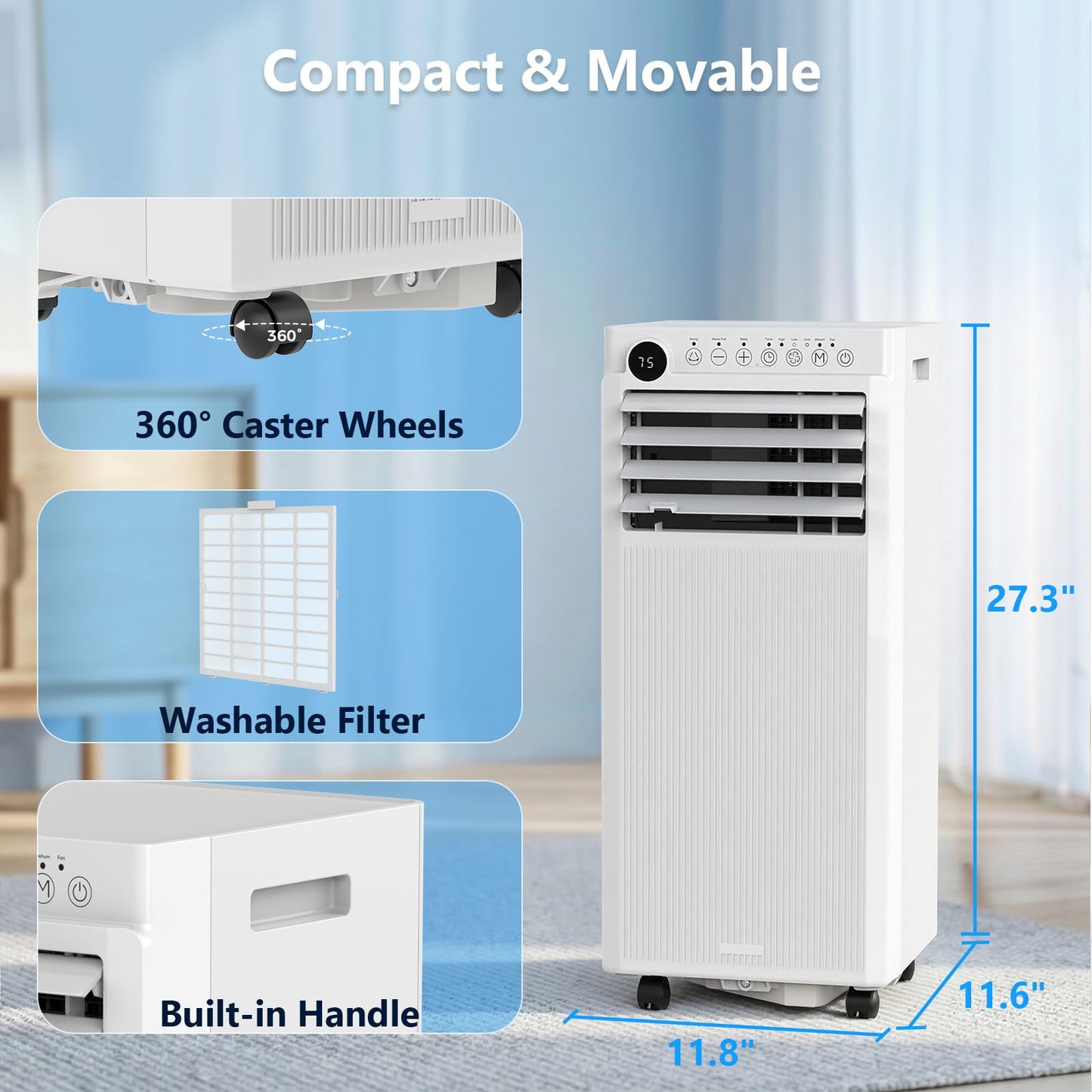 Electactic 10000BTUs Portable Air Conditioner for Bedroom with Drainage-free Cooling, 4 in 1 Portable AC Units with Cool, Fan, Dehumidifier, Sleep, 24H Timer/Remote/Window Kits