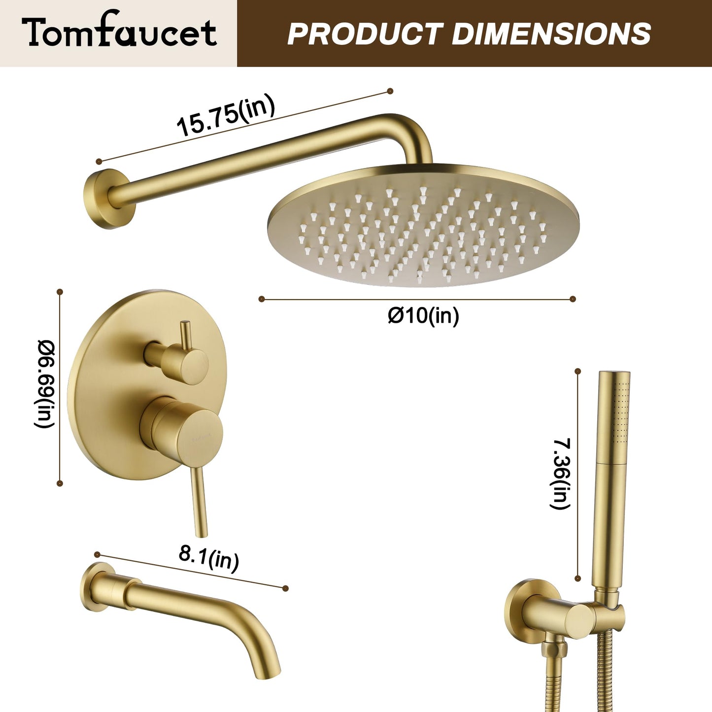 Tomfaucet Shower System with Tub Spout, 3 Functions 10" Round Wall Mounted Rain Shower System, High-Pressure Rain Shower Head with 2 Modes Handheld Spray, Brushed Gold Shower Systems