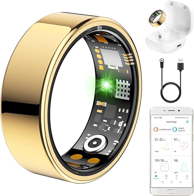 Ring Health Tracker for Women Men, Fit Ring with Heart Rate, Blood Oxygen, Sleep Monitor, Calories, Step Counter, IP68 Waterproof Smart Ring for iPhone & Android, No Subscription Fee (Gold, 6#)