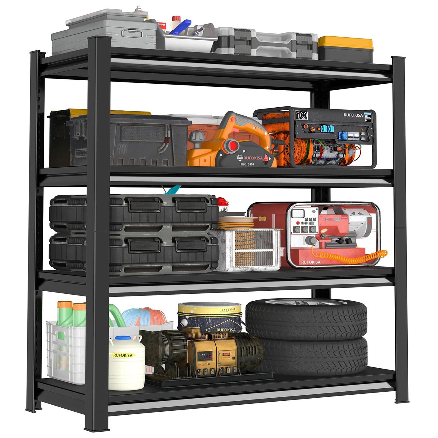 Rufokisa 48" W Garage Shelving Heavy Duty, 2200LBS Loads Adjustable Garage Storage Shelves,4-Tier Metal Storage Racks and Shelving Units, Utility Rack Shelves,48" W x 16" D x 63" H,Black
