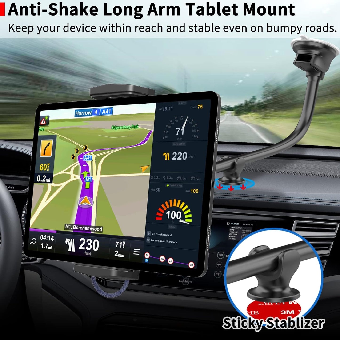 APPS2Car 7-13 Inch Upgraded Tablet Car Mount for iPad Truck Holder Long Arm Extension Strong Suction Cup Windshield