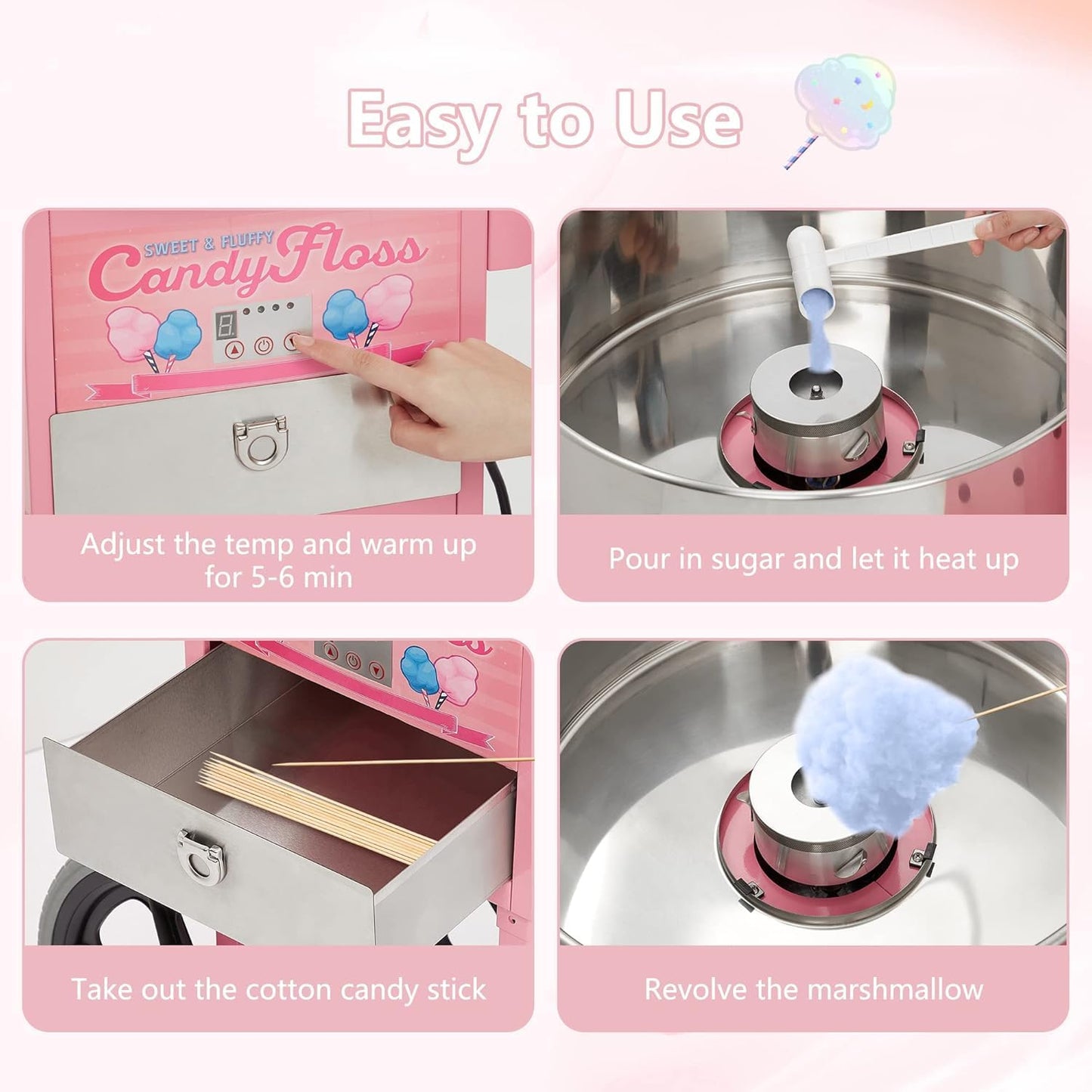Electric Candy Cotton Machine With 20 in Stainless Steel Bowl,Cotton- Candy Maker Machine for Kids With Cart,Nostalgia Candy Cart Commercial For Party, Home,Festival,Amusement Park,Carnival,Pinks