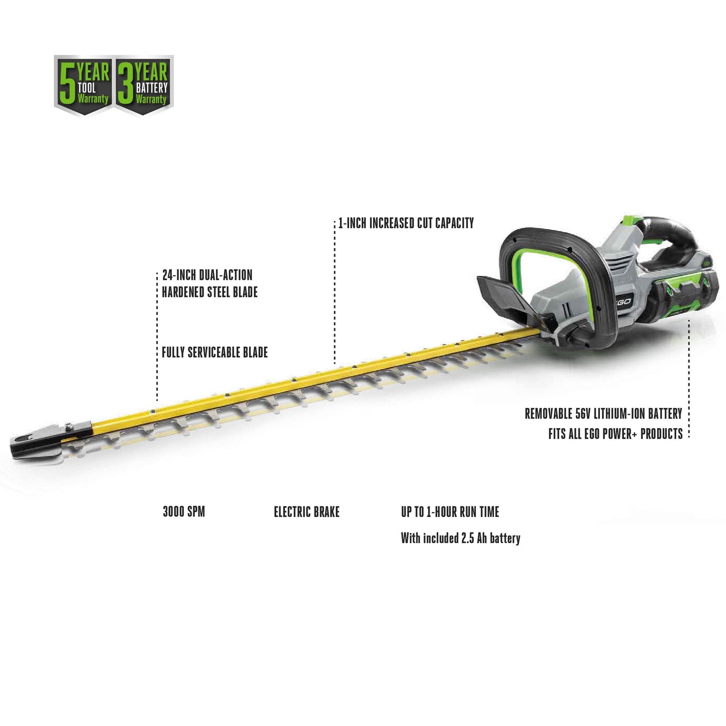 EGO POWER+ Hedge Trimmer Cordless, Electric Hedge Trimmer 24", Includes 56V 2.5Ah Battery and Charger - HT2411