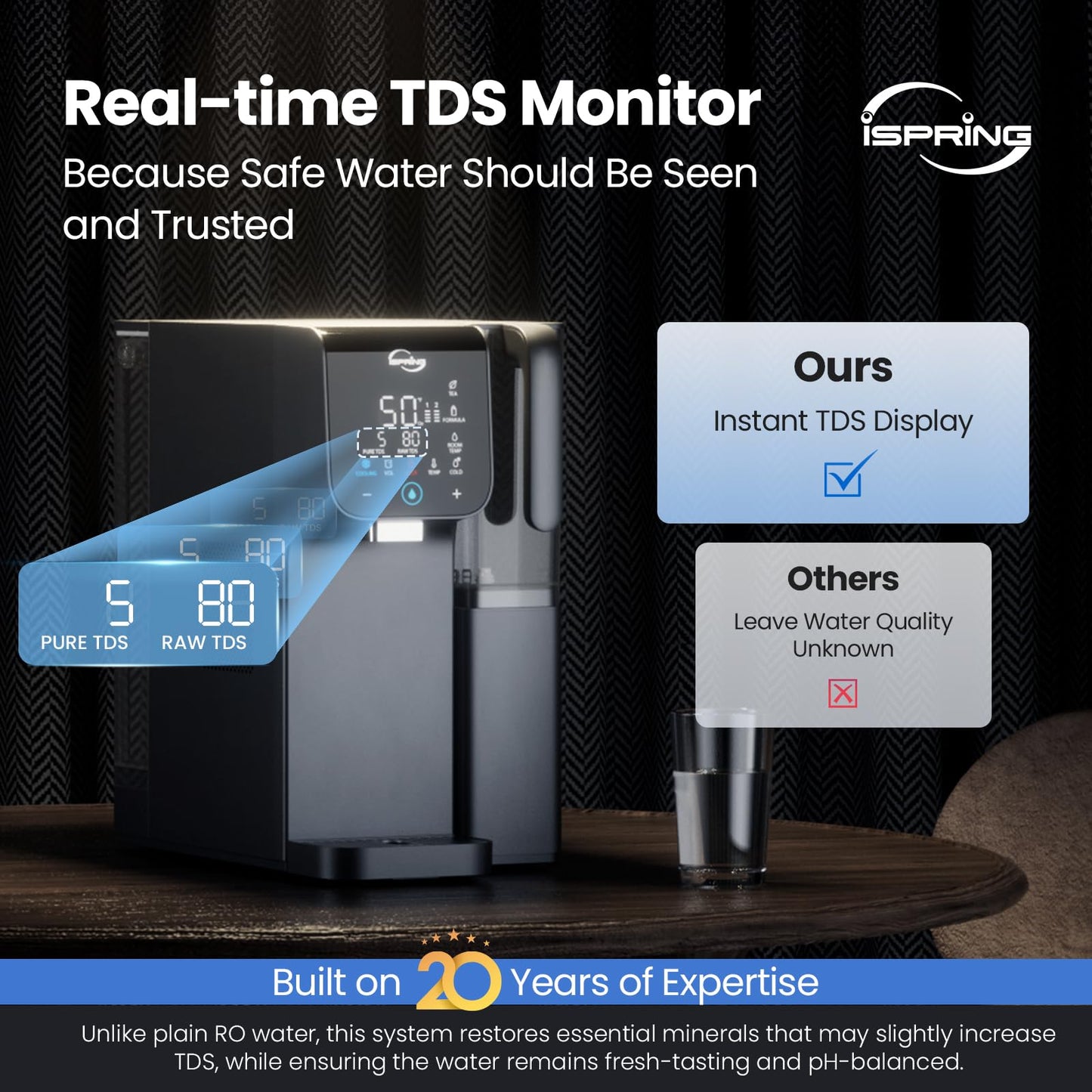 iSpring RCD100HCG Hot & Cold Reverse Osmosis System Countertop, Alkaline RO Water Filter Dispenser, 9 Temperature & 6 Dispensing Volume Options, TDS & Filter Lifespan Monitor, Plug and Play