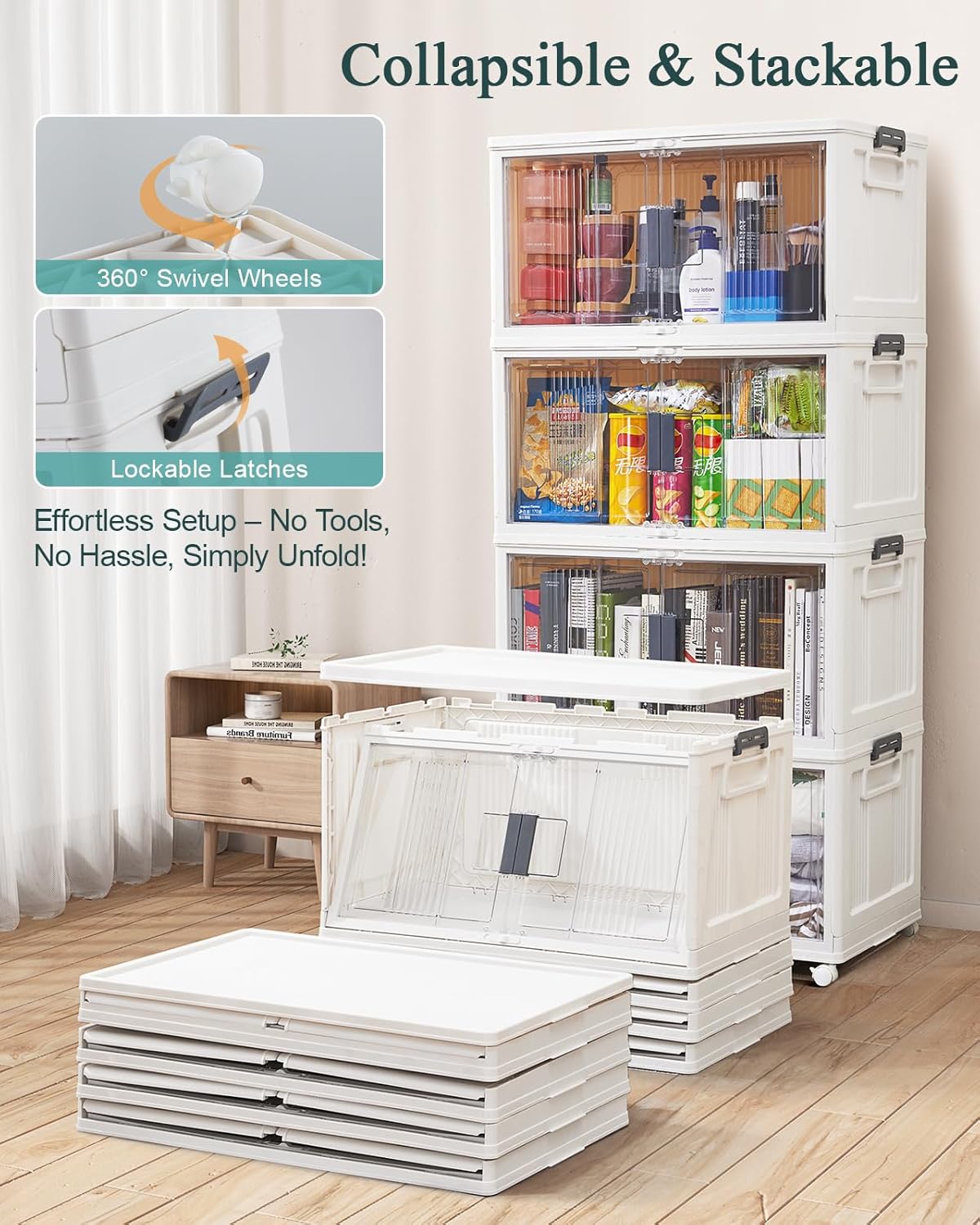 OlarHike 76QT Lockable Storage Bins - 6 Pack Collapsible Plastic Organizer with Lids & Wheels