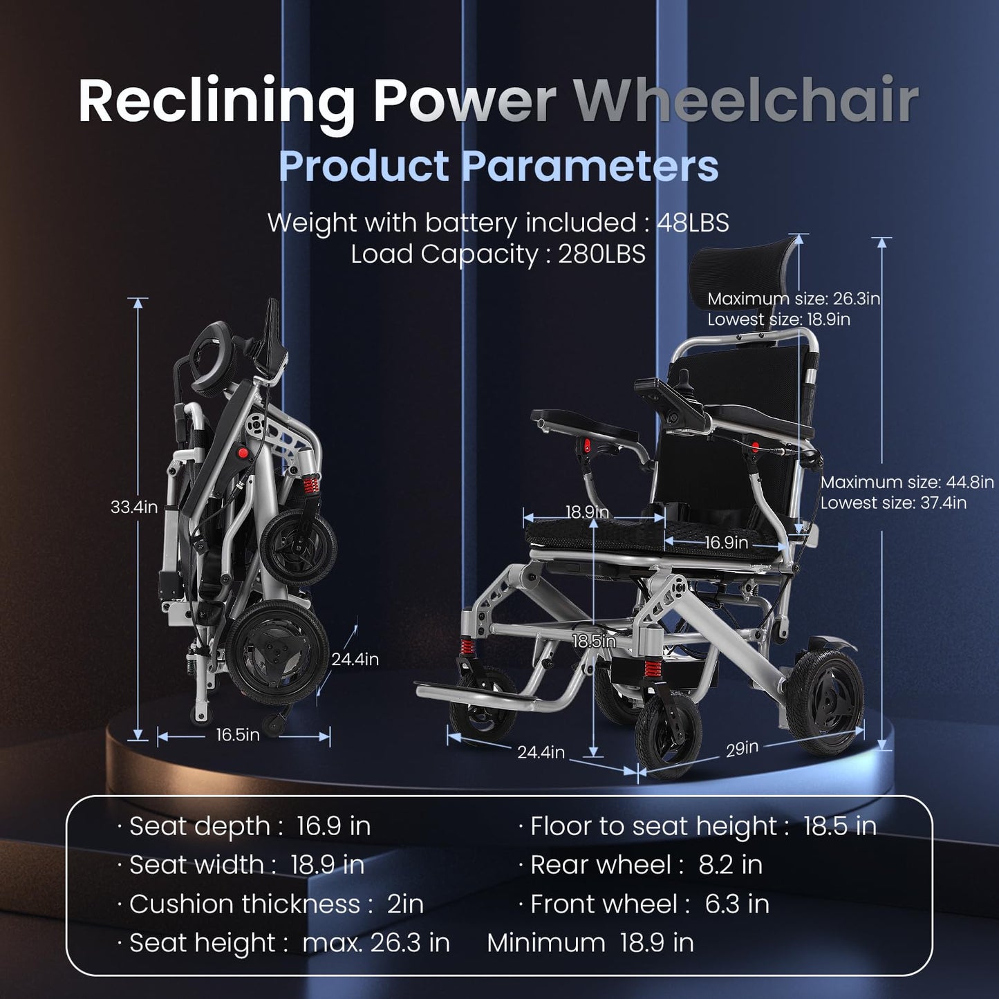 Reclining Electric Wheelchair for Adults, 30+ Miles Long Travel Range All Terrain Power Wheelchair with 2 Li-ion Battery, Lightweight Foldable Motorized Wheel Chair for Seniors, with Telescopic Handle