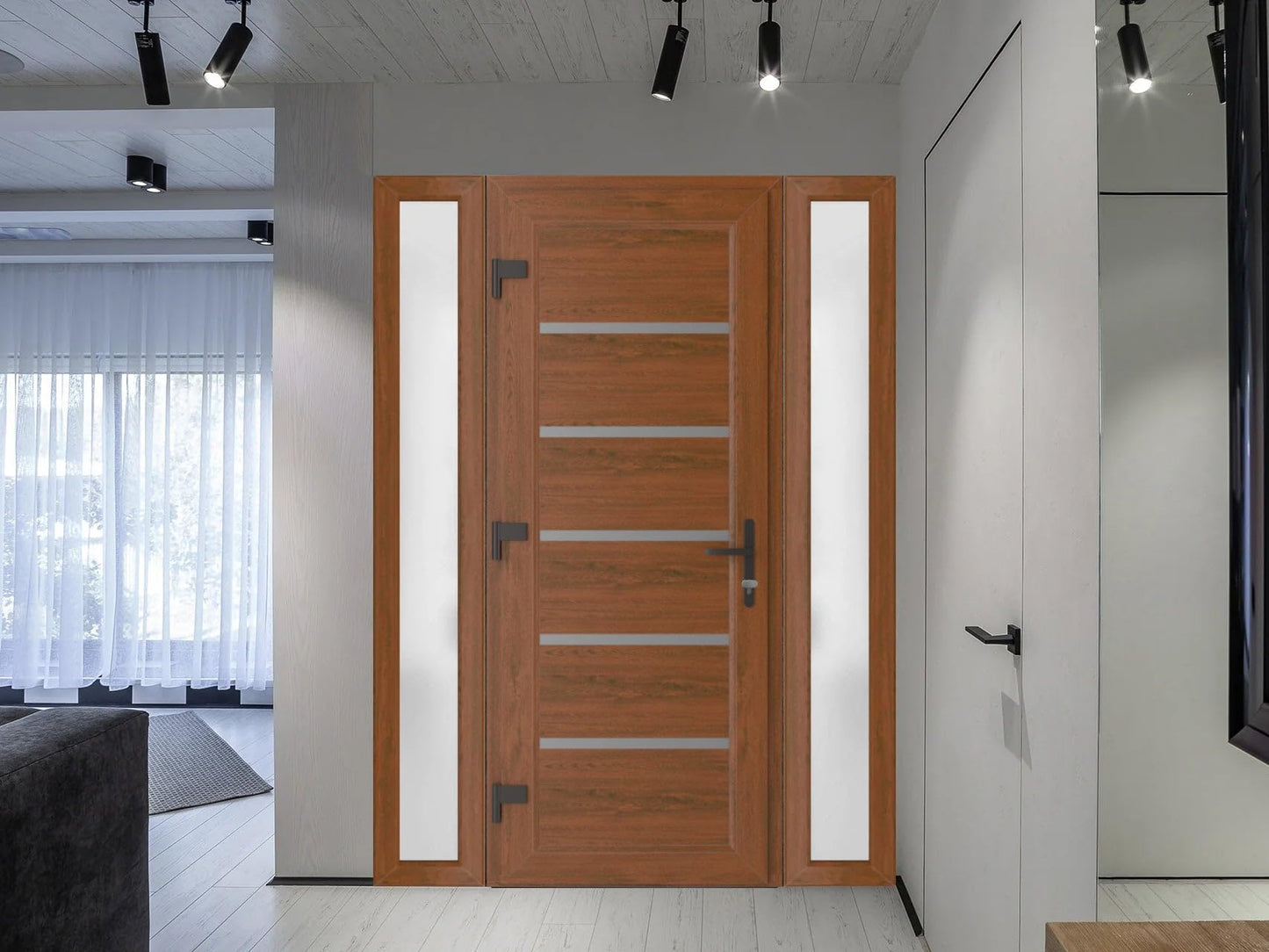 VDOMDOORS Front Exterior Prehung Metal-Plastic Door | Manux 8415 Walnut | 2 Side Sidelite Transoms | Residential Doors Entrance Patio Garage 56 x 80 (W12+32+12 x H80) Right-Inswing