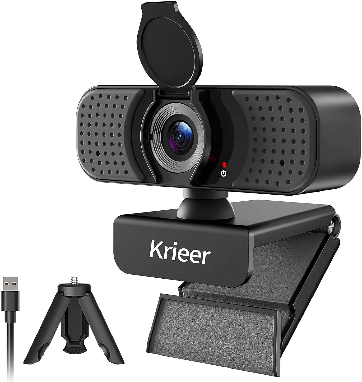 Krieer 1080P HD Webcam with Dual Mics Autofocus, Noise Cancellation, Wide-Angle, Auto Light Correction, Privacy Cover