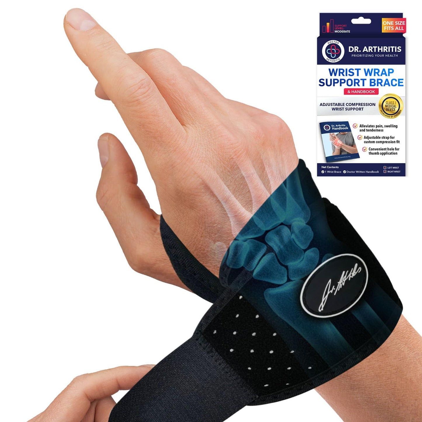 Dr. Arthritis Wrist Brace, Adjustable Wrist Wraps & Hand Brace Compression, Doctor-Developed Wrist Brace for Carpal Tunnel, Tendonitis, Injuries & More, Easy to Wear, Fits Both Hands (Single)