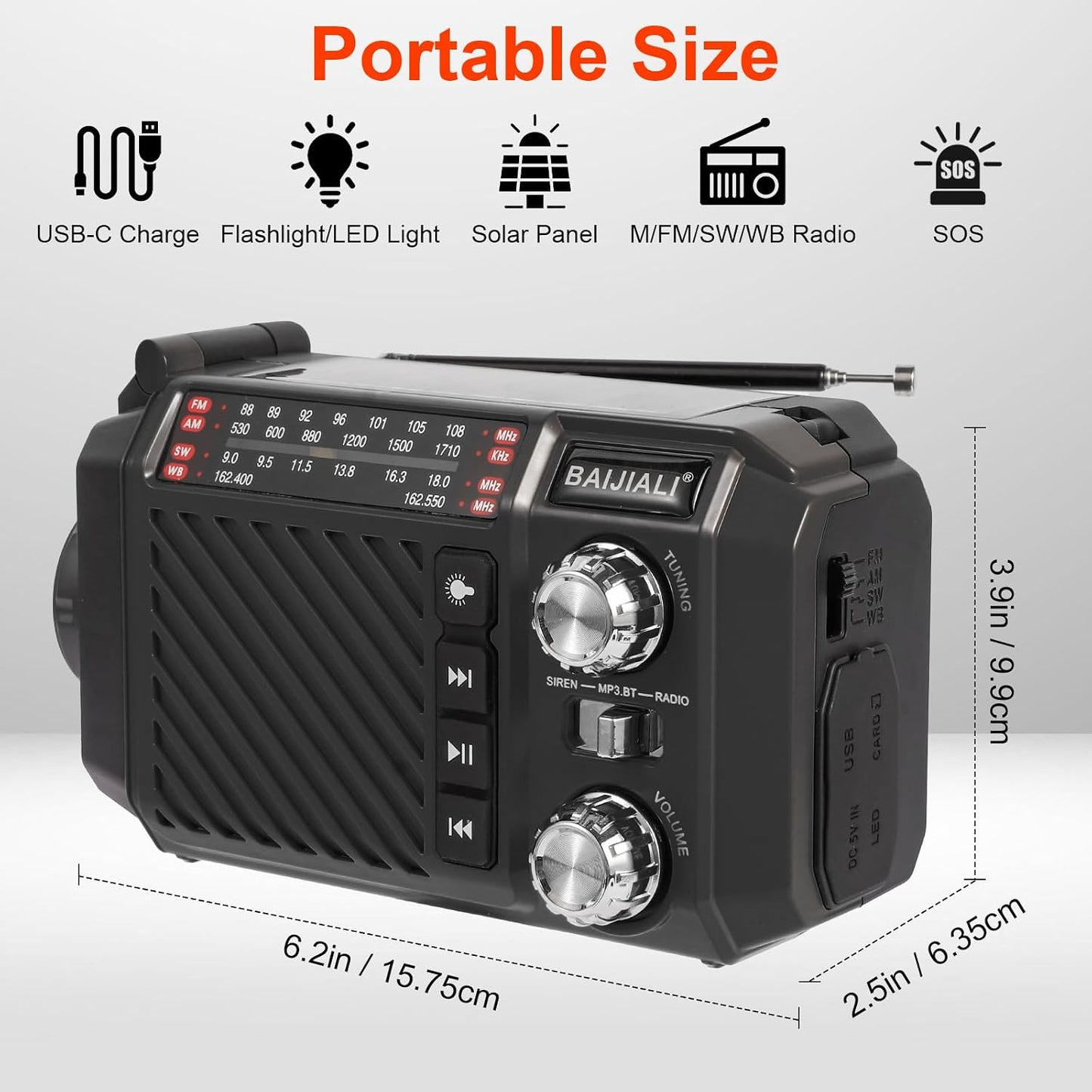 BAIJIALI 2600mAh/9620mWh Hand Crank Emergency Weather Radio with Power Bank, NOAA AM FM Shortwave Portable Radio, Solar