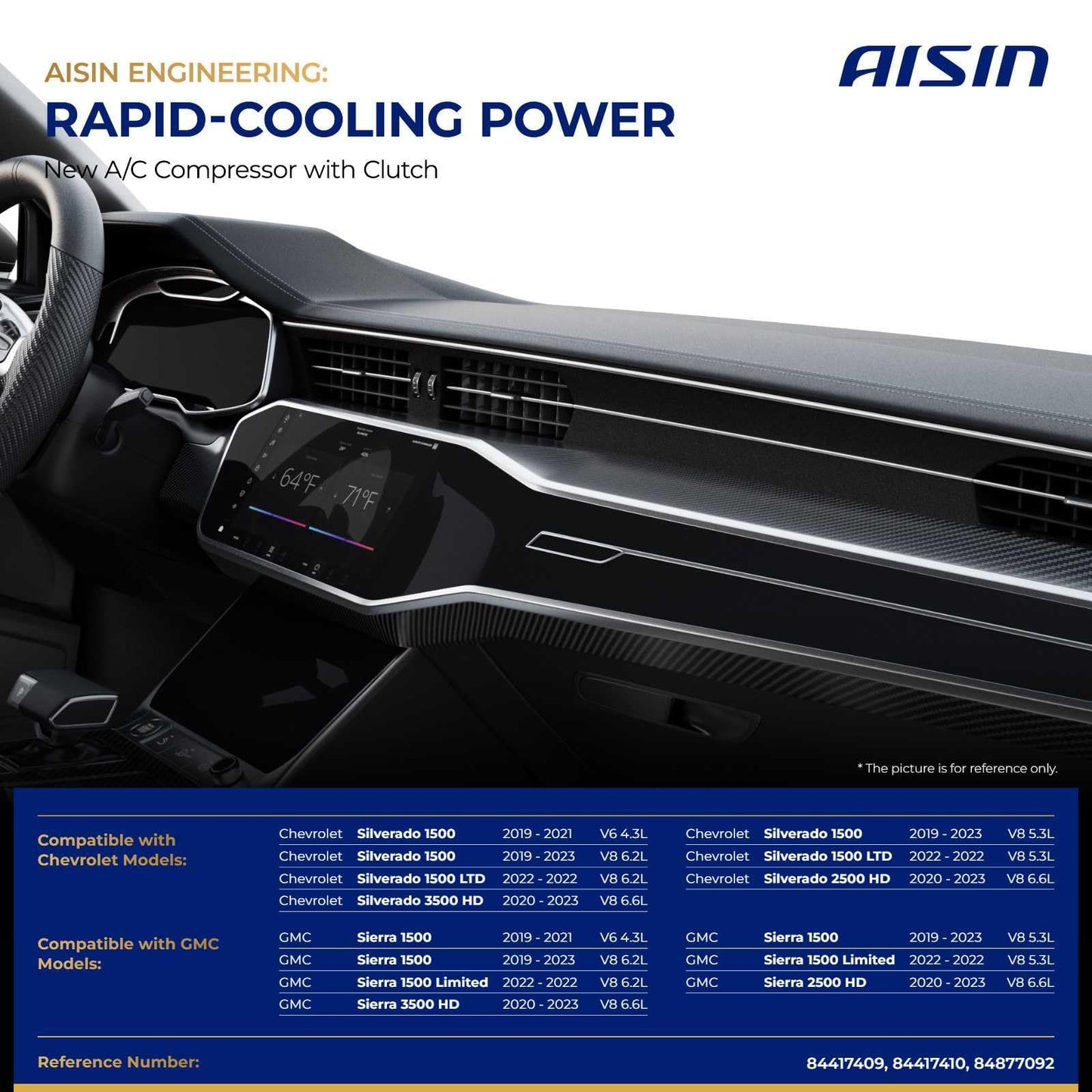 AISIN AFTERMARKET ACCGM-00904 Air Conditioner AC Compressor - Compatible with Chevrolet Silverado GMC Sierra 1500 2019-2023, Silverado Sierra 2500 3500 HD 2020-2023 - with 4-Pulley Groove, with Clutch