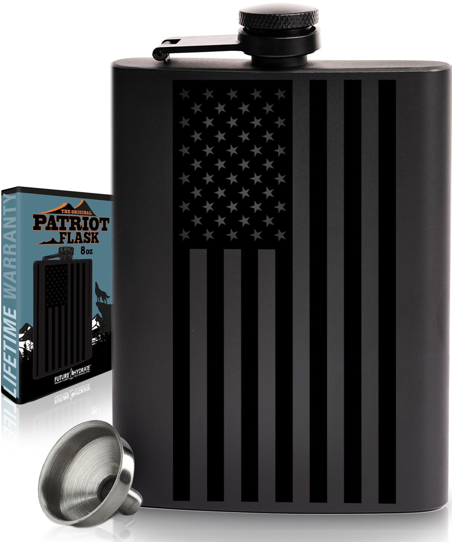 American Flag Liquor Flask - Perfect Holiday Gift for Men, Women, Fathers, or Hard to Shop for People - 304 Stainless Steel Hip Flask (Matte Black, Bonus Funnel, 8 Ounces)