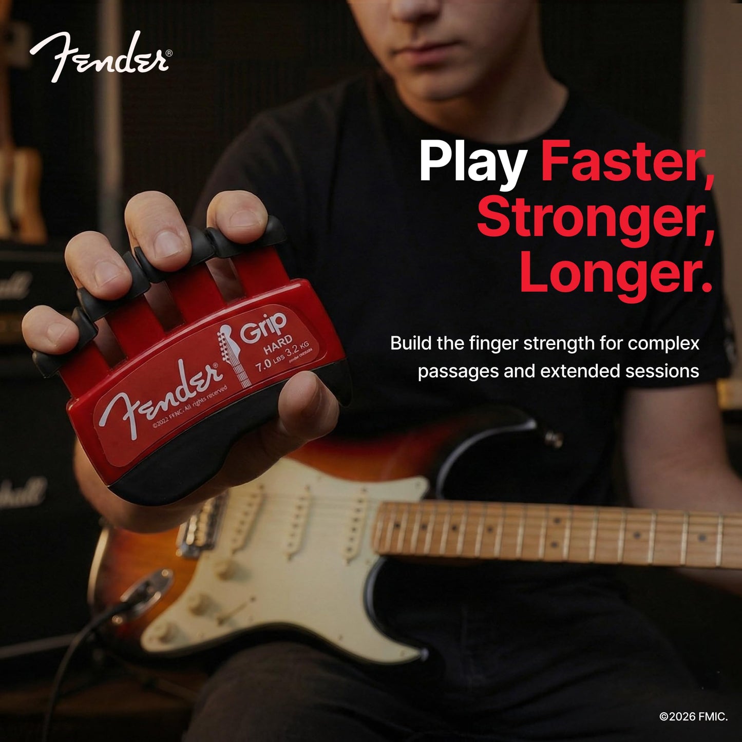 Fender GRIP Hand and Finger Exerciser (Hard - 7lbs / 3.2kg) – Best Ergonomic Finger Strengthener to improve play on all stringed instruments (Guitar, Bass, Violin, etc.)