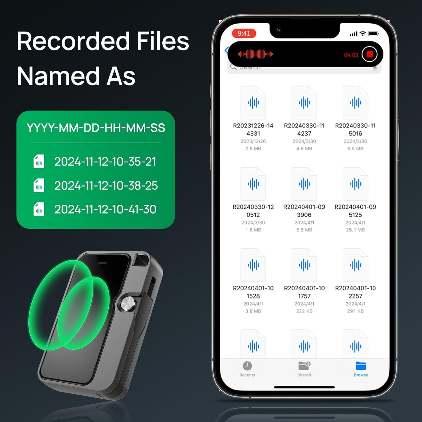 WARDIX 128GB Digital Voice Recorder Portable - with DSP Noise Reduction for Lectures Meetings, Built-in OTG Data Cable