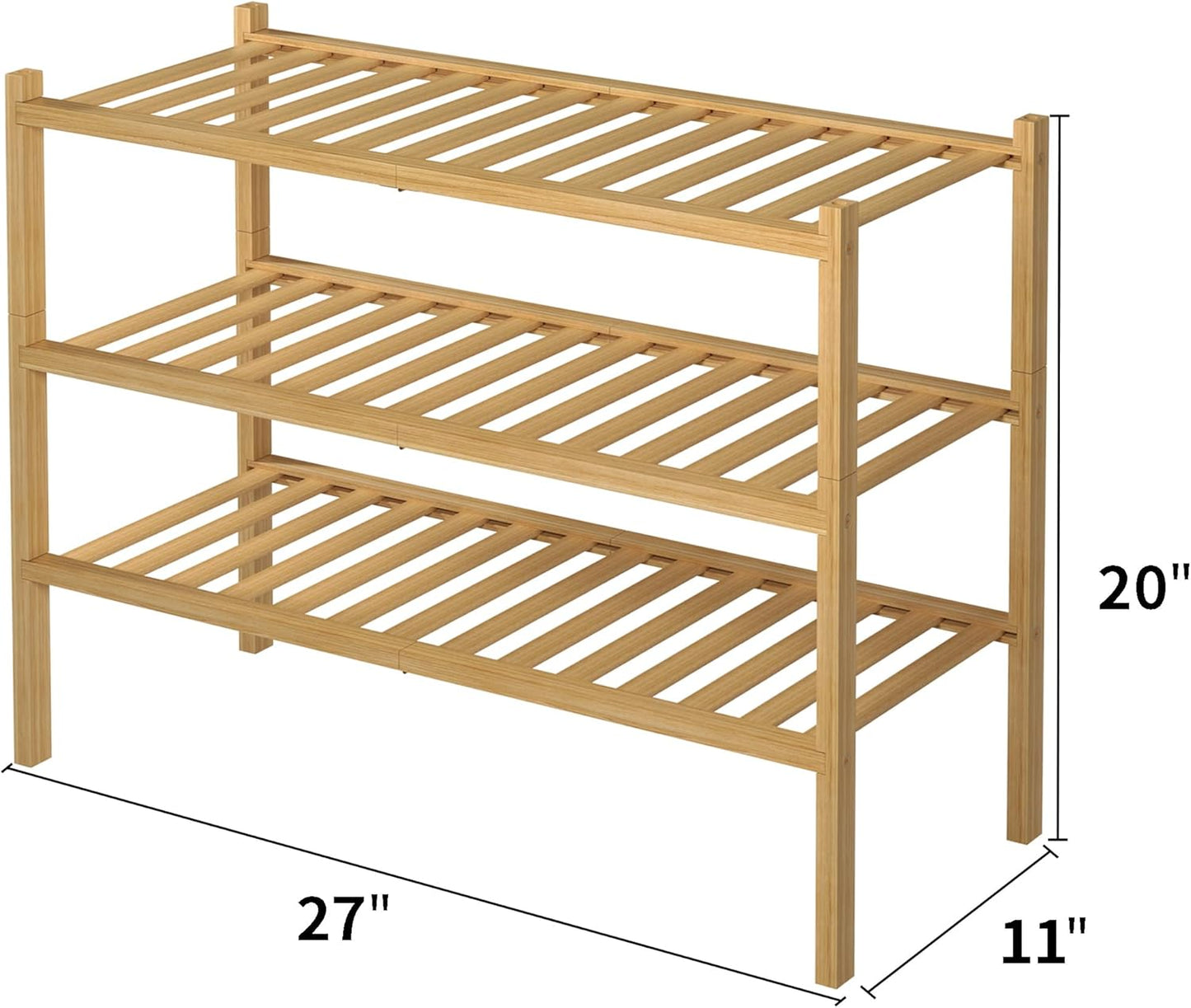 ROMGUAR CRAFT 3-Tier Bamboo Shoe Rack - Stackable Wood Storage Organizer for Small Spaces | 27"x11"x20" (Natural)