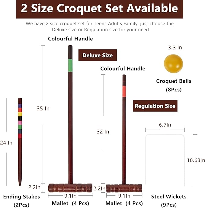 Croquet Set for Adults - 8 Players Croquette Kit with 35In Deluxe, 32In Regulation Size Rubber Wood Mallets, Colored PE Ball, Wickets, 24In End Stakes, Lawn Backyard Game for Families