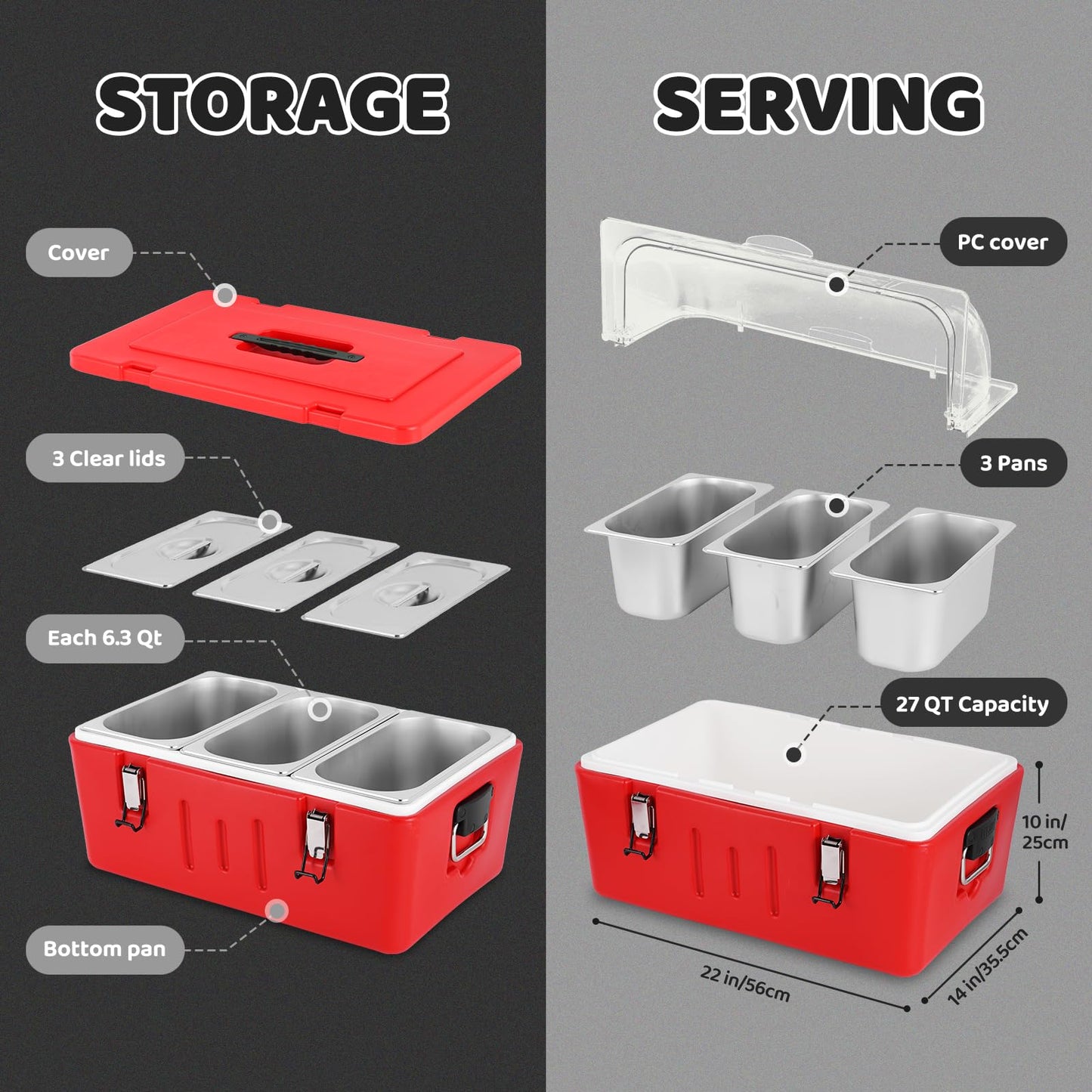 Tragaomx Insulated Food Pan Carrier Cold/Hot Food Buffet Server 27Qt Storage Box With Roll Top Lid & Buckles Warmer Box For Catering Restaurant Buffet