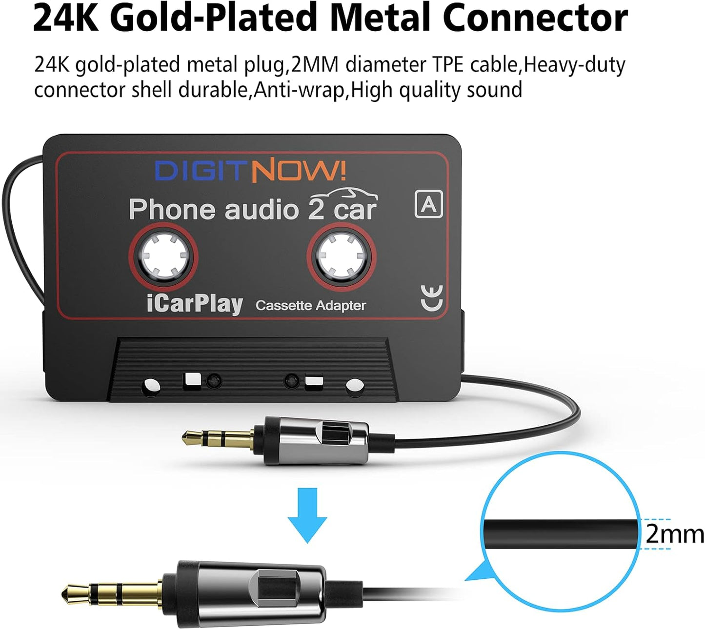 DIGITNOW Cassette 3.5MM Smartphone/MP3 3.7Ft Car Audio to Aux Adapter, Aux Audio Cable Tape Player for Player/CD