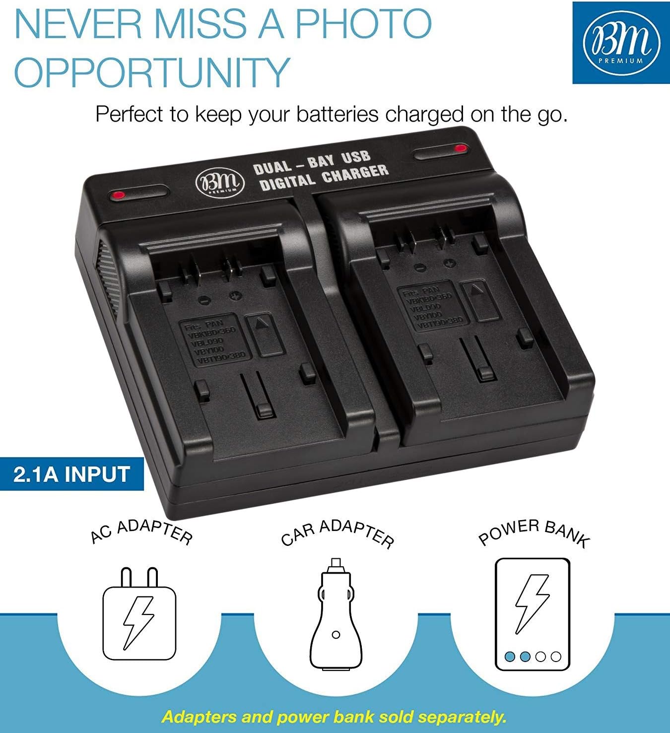 BM Premium VW-VBK180, VW-VBK360, VBT190, VBT380 Dual USB Battery Charger for Panasonic Camcorders