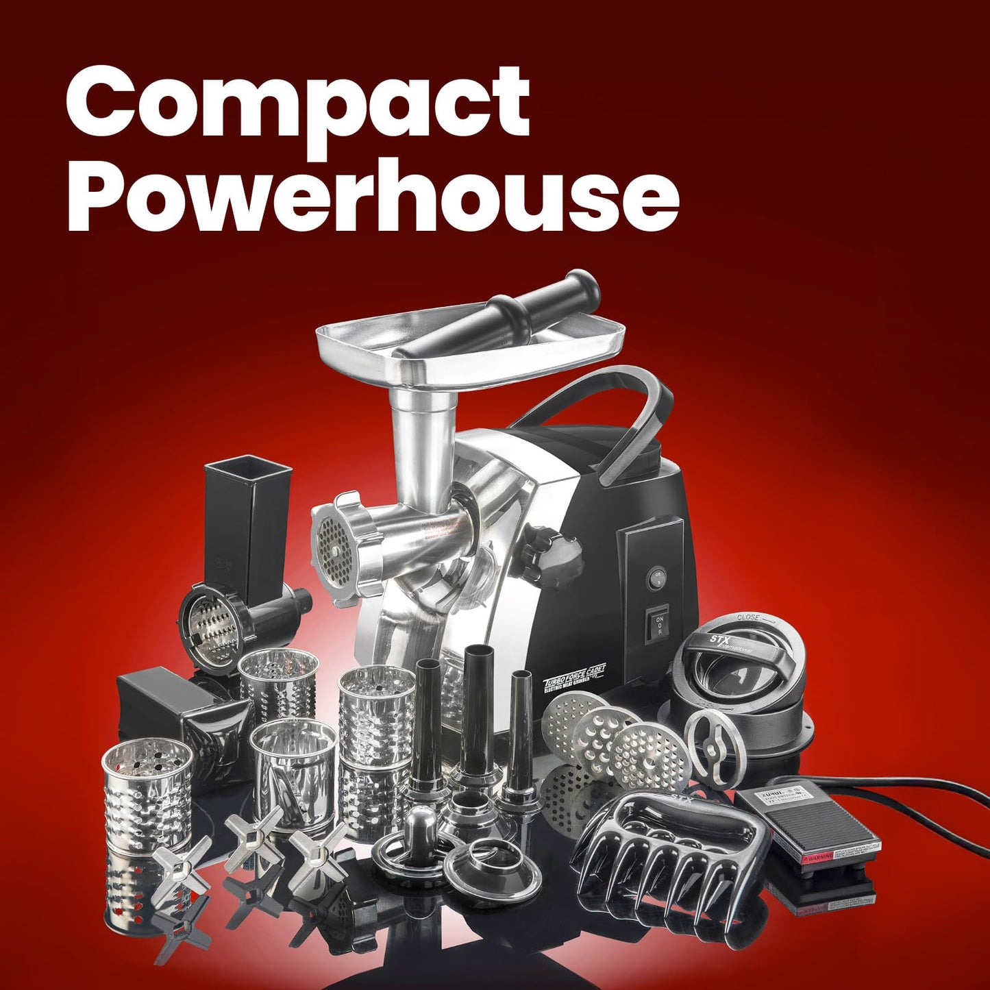STX International Turboforce Cadet 2000 Series Electric Meat Grinder | 7-in-1 Multifunctional | Foot Pedal | Slicer/Shredder/Grater | Sausage Stuffer | Kubbe Maker | 4 Grinding Plates & More Included