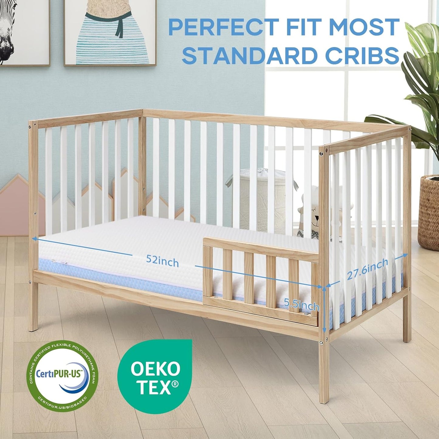 Skiennix Crib Mattress - Dual-Sided Memory Foam for Baby & Toddler | Soft, Breathable, 52" x 27.6" x 5.5", Washable Cover